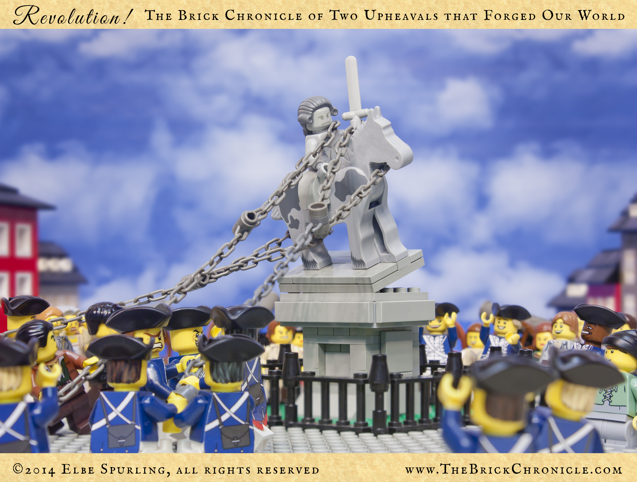 On July 9, in New York, George Washington marched several brigades to the Commons to hear the Declaration read aloud. The crowds shouted and cheered their approval, and it so stirred anti-British zeal that a mob of soldiers and citizens rushed down to the tip of Manhattan where they used ropes and bars to pull down the equestrian statue of King George III. They then decapitated the statue, hacked off its nose, and mounted the head on a spike outside a tavern. The rest of the statue was melted down to make bullets.
